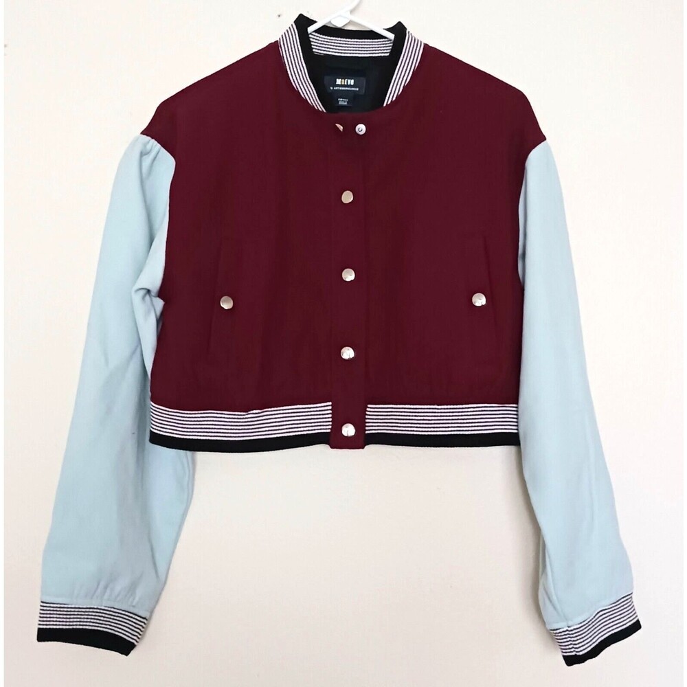 NEW Mauve Anthropologie Colorblock Crop Bomber Varsity Jacket Maroon / Blue Sz S